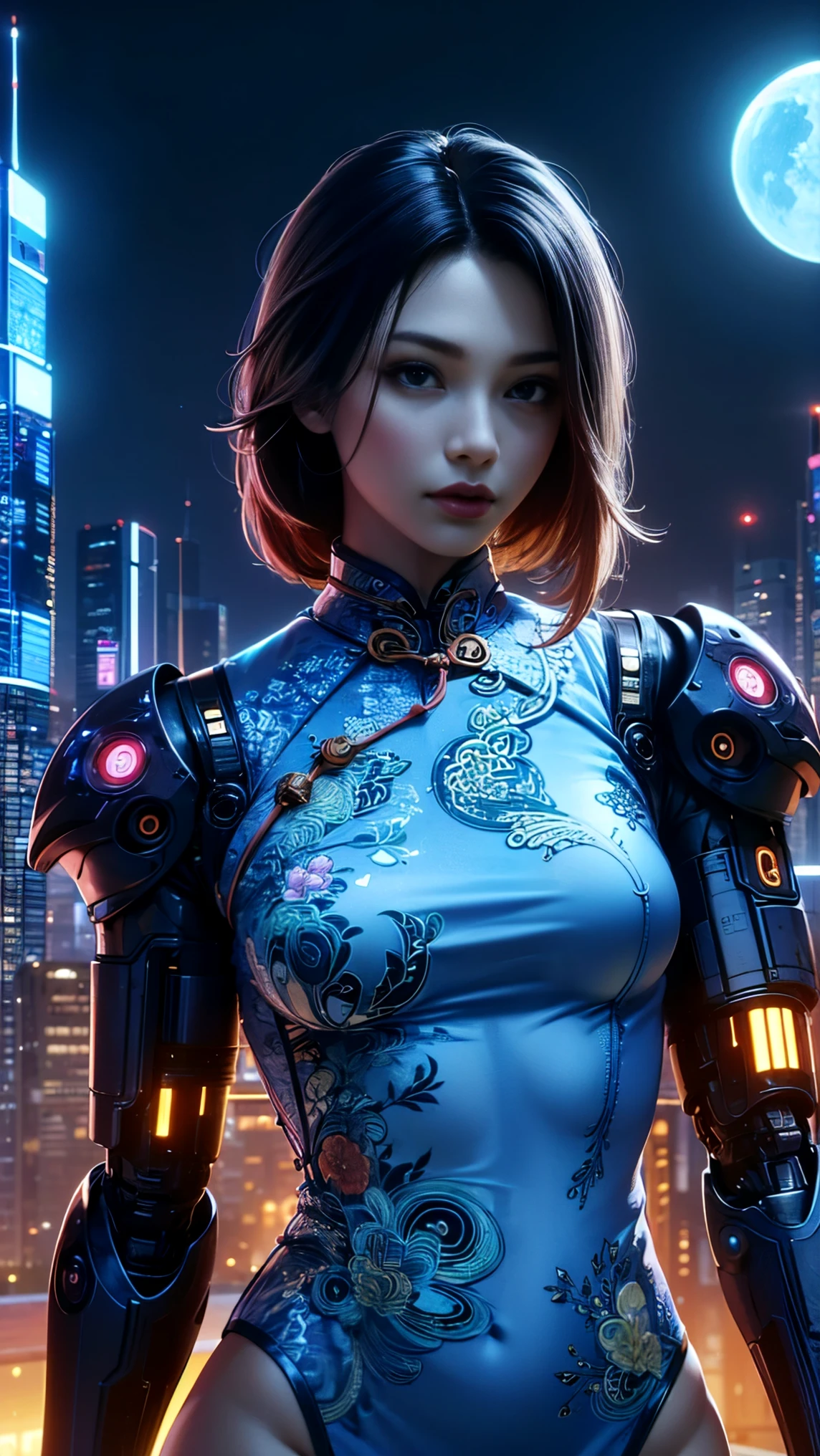 top quality, future world, State-of-the-art robot, Beautiful Woman, flying hair, Transformed into a cyborg except for the face,  Transformed into a cyborg except for the shoulder, sexy images, whole body photo, (((cheongsam)))