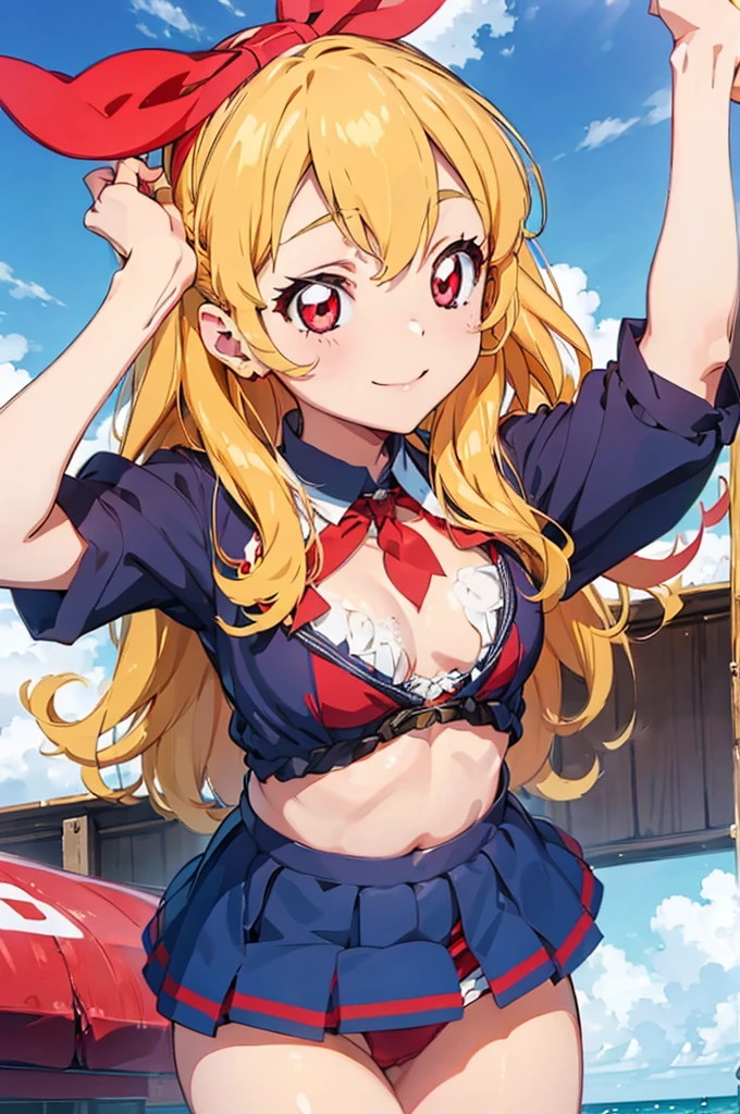 (Red ribbon on hair band:1.2)Lying on your stomach、Cartoon girl on the beach with legs spread wide, One girl, Swimwear, bikini, Blonde, alone, chest, Long Hair, Green Eyes, Checkered clothing, Ahoge, Top-down Bottom-up, green bikini, Covered in semen,Creampie,((Detailed pussy)), Day, smile, large chest, side-tie bikini bottom,Hoshimiya Ichigo (Aikatsu!),