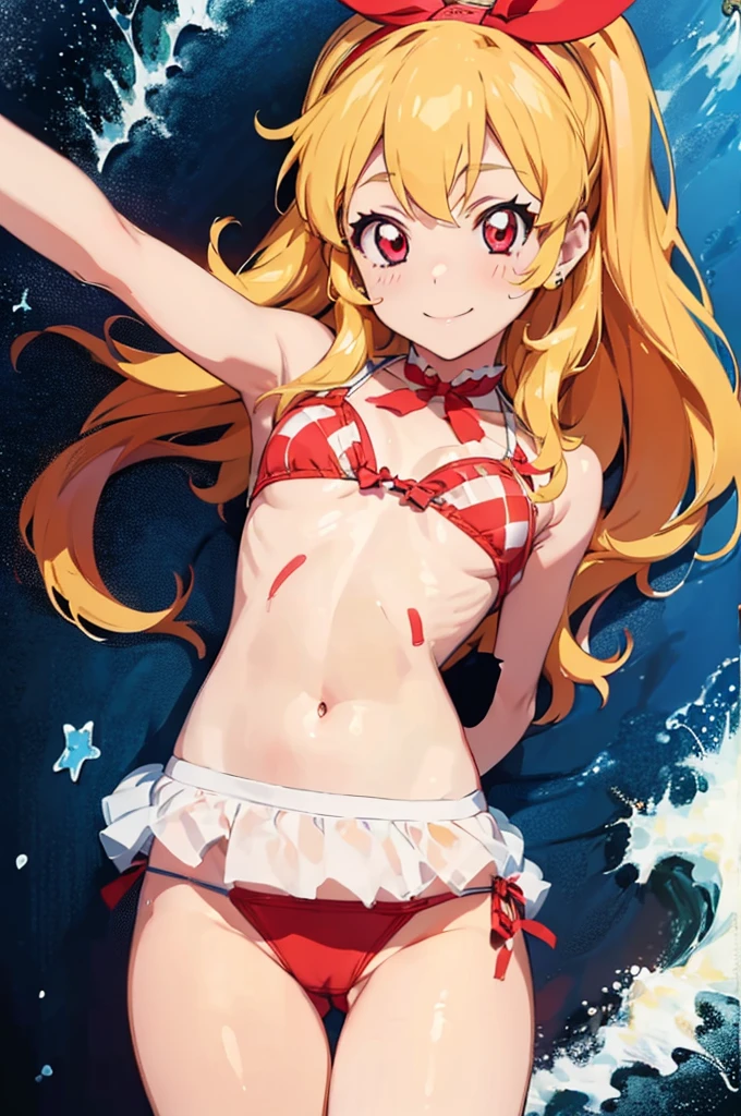 (Red ribbon on hair band:1.2)Lying on your stomach、Cartoon girl on the beach with legs spread wide, One girl, Swimwear, bikini, Blonde, alone, chest, Long Hair, Green Eyes, Checkered clothing, Ahoge, Top-down Bottom-up, green bikini, Covered in semen,Creampie,((Detailed pussy)), Day, smile, large chest, side-tie bikini bottom,Hoshimiya Ichigo (Aikatsu!),