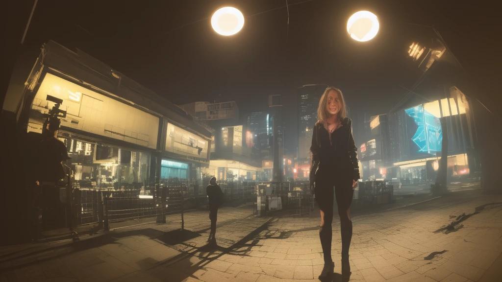 ((カラフルな原宿Windのポップな衣装を着たサイバーパンクガール2人)), ((((Fisheye Lens)))), Cowboy Shot, Wind, Messy Hair, ((Cyberpunk 2077 Cityscape)), (Cyberpunk aesthetics and atmosphere:1.3), Bright colors, smile, ((Cinema Lighting))