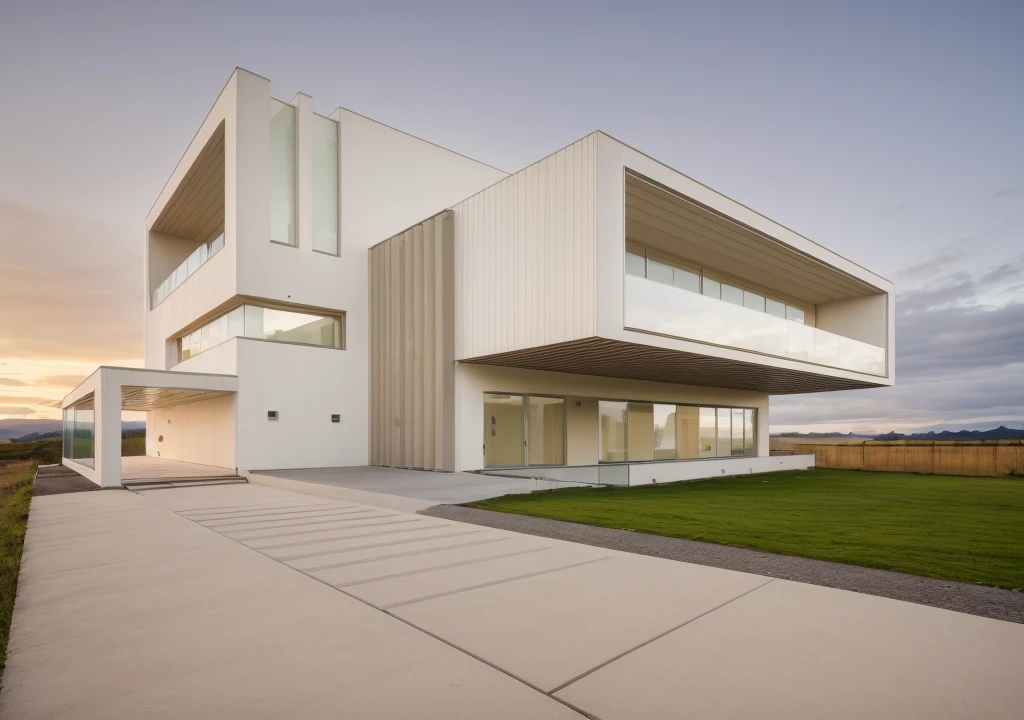 in the morning, sunrise, contemporary house exterior, beige and white mix together, glass door and window, large span balcony, on grassland, hillside, tropical landscape, masterpiece, high quality, ultra hd,
