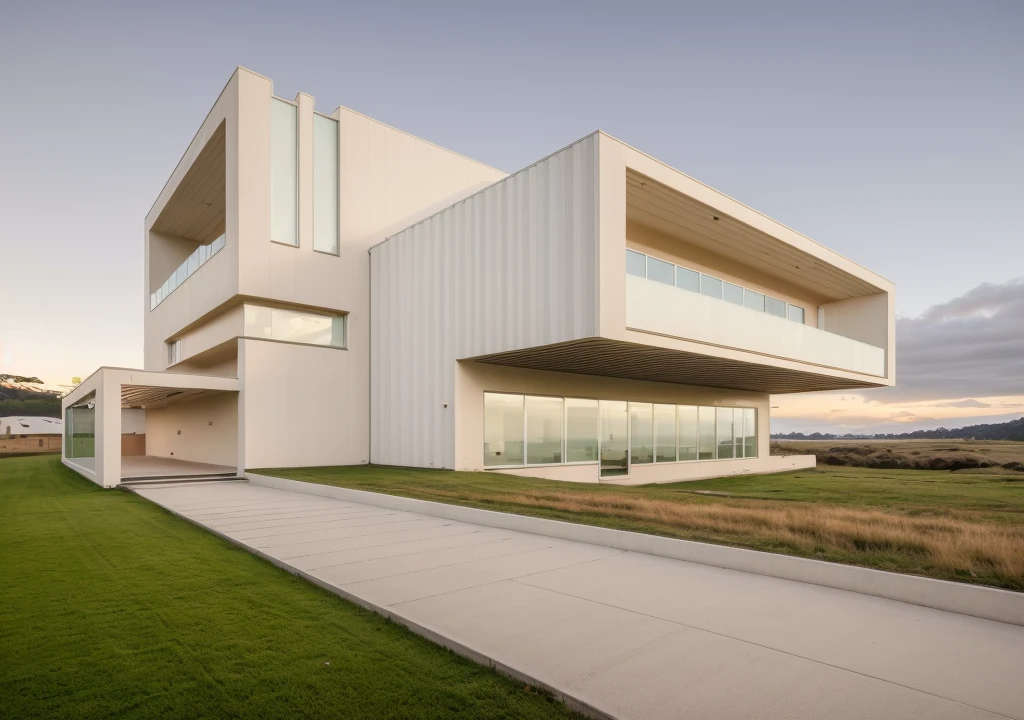 in the morning, sunrise, contemporary house exterior, beige and white mix together, glass door and window, large span balcony, on grassland, hillside, tropical landscape, masterpiece, high quality, ultra hd,
