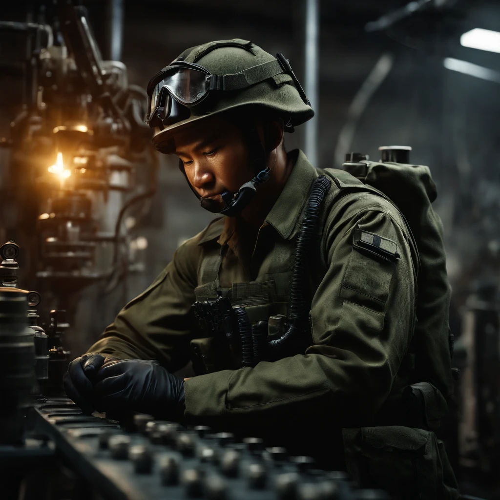 4k, 8k, highly detailed digital art of a Thai soldier constructing a chemical warhead for a short-range ballistic missile, realistic military laboratory setting, intense expression, intricate machinery, dangerous chemicals, ominous atmosphere, photorealistic, cinematic lighting, dark color palette, dramatic shadows, masterpiece, realistic, hyper-detailed