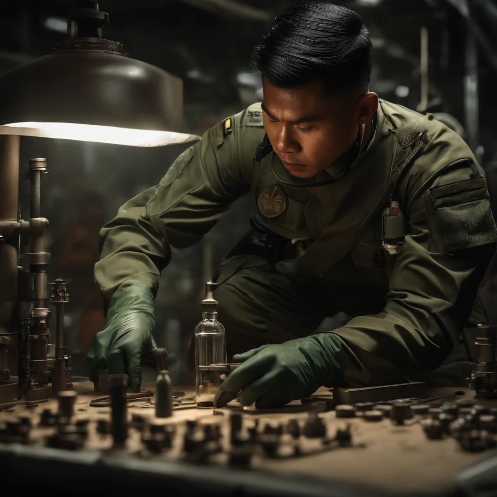 4k, 8k, highly detailed digital art of a Thai soldier constructing a chemical warhead for a short-range ballistic missile, realistic military laboratory setting, intense expression, intricate machinery, dangerous chemicals, ominous atmosphere, photorealistic, cinematic lighting, dark color palette, dramatic shadows, masterpiece, realistic, hyper-detailed