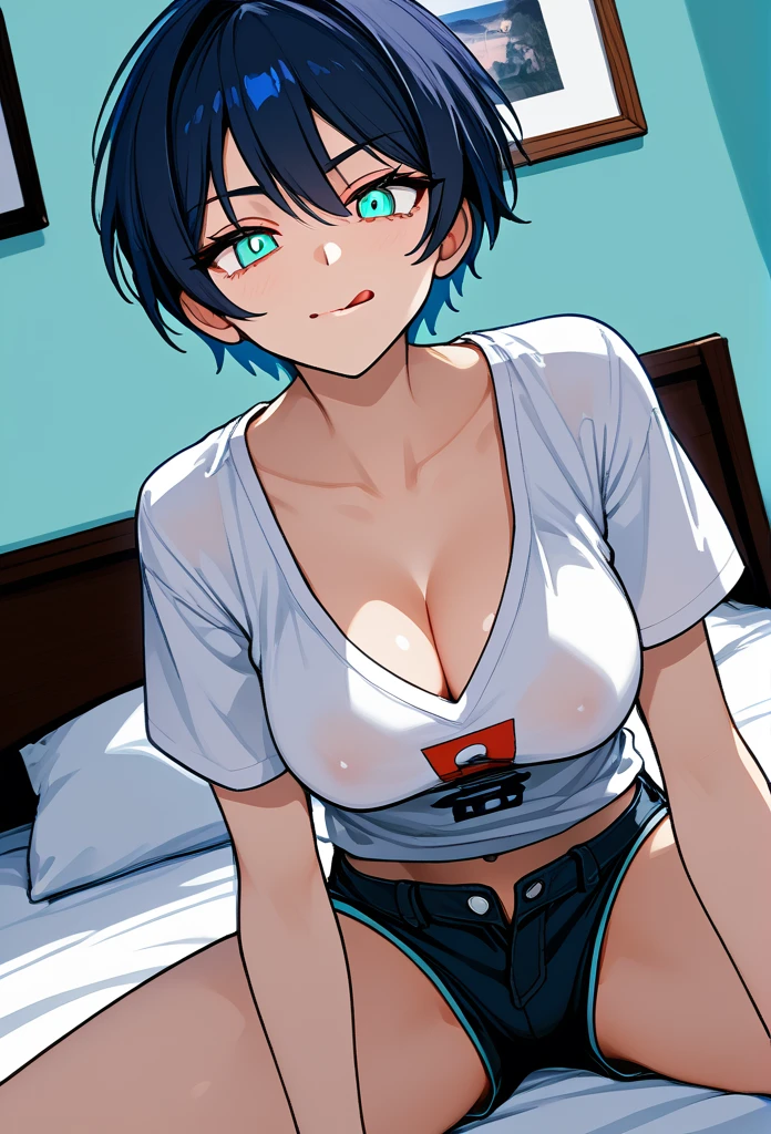 mature woman, tomboy, hot face, horny expression, (sharp eyes), cyan eyes, (short hair, pixie hairstyle, dark blue hair, dark hair), (fit body, mature body), big breast, short pants, hot pants, casual shirt, bedroom, viewer on bed, (licking lips), (on top of viewer, crawling to viewer, on all four), view from below