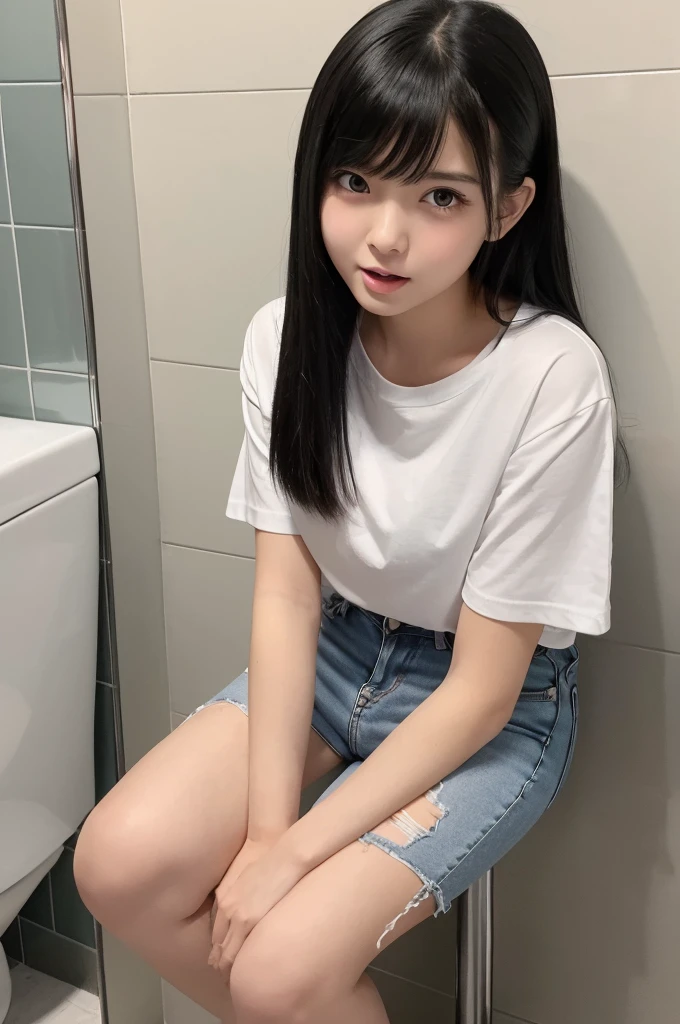 Early 20s、Black Hair、mini skirt、Highest quality、8K、masterpiece、long hair、double eyelid、Big Ass、Big eyes、Beauty、Big Breasts、White shirt、I can see your pants、Crouching position、From before