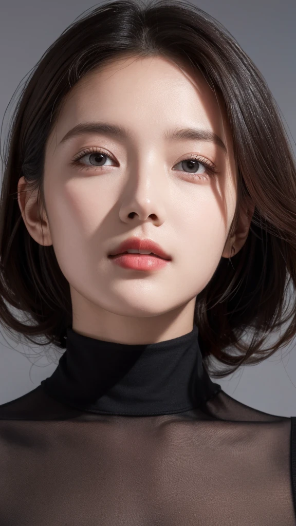 best quality, Practical, Very detailed, high resolution, 8K Gray Background, original photo, Professional photography, Reality, , 1 woman，25 years old expectation((Looking at the camera)), (From below)，Skin particles are clear，The pores on the face can be seen