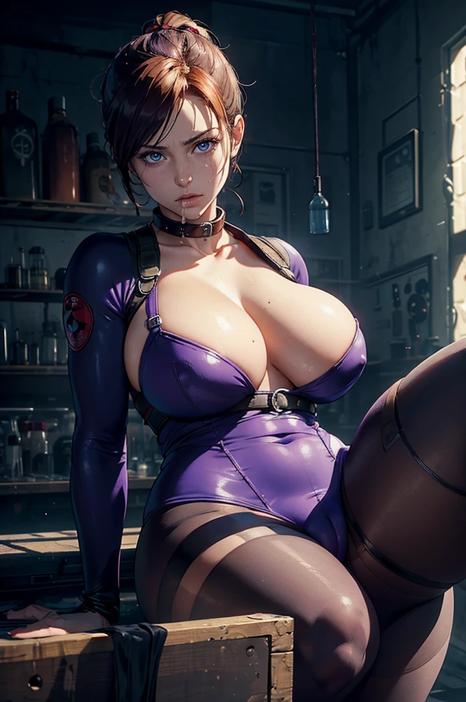 Best Quality, Masterpiece, a woman, alone ((Claire Redfield)), beautiful, ultra realistic,All the details, high resolution, dark blue eyes, ((squinted eyes, mouth slightly open, steam in the mouth)), nod, looking to the side, attractive, beautiful, ((wearing a purple bodysuit)), ((((slave collar ))),transparent hose, breasow, open suit, big breastsbig butt, legs sitting andn, good body shape, laboratory background, Resident Evil theme