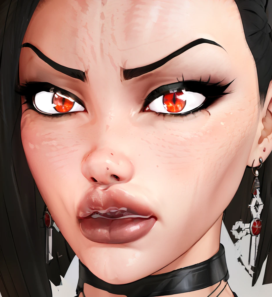 there is a cartoon picture of a woman with a choke and earrings, angry look, devious evil expression, highly detailed angry anime face, ((red)) baggy eyes, dark piercing eyes, character close up, close up character, character close-up, with very highly detailed face, big lips, big red lips, huge lips