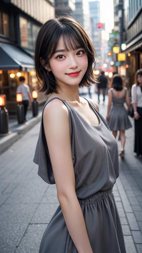 1 female,18 year old,smile:1.3,(BLACK eyes:1.3),((8K,masterpiece,Perfect Anatomy)),Cowboy Shot,(Beautiful and exquisite face and eyes,gorgeous eyes:1.3) ,Black Hair:1.3,bangs,smile,blush,Small breasts,Tokyo street、((Background blur)),((Grey dress:1.3))、Short Hair,Street Snap、Backlight:1.2