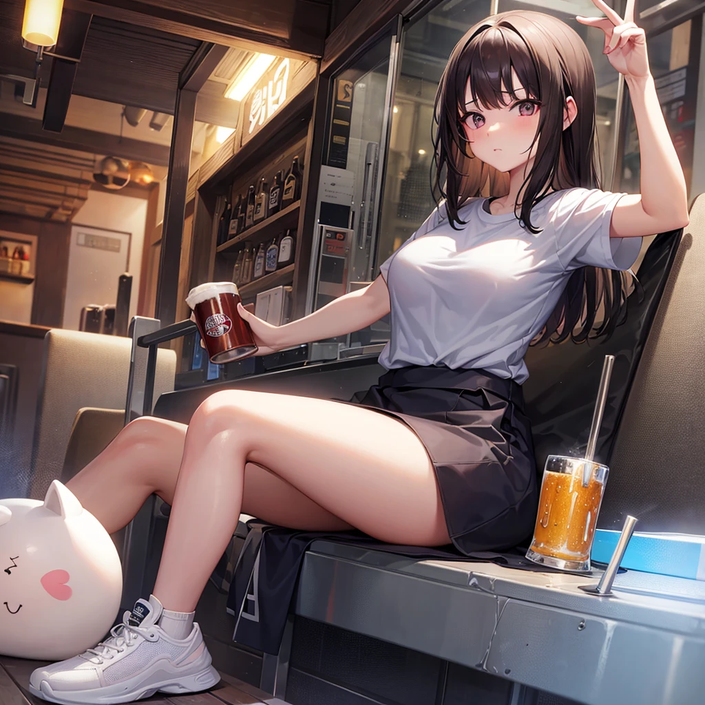 aggressive、Patsun、Medium Hair、girl、T-shirt dress、Light Hair、Small Mouth、Small Nose、Big Breasts、Chubby、Beer 、1 person