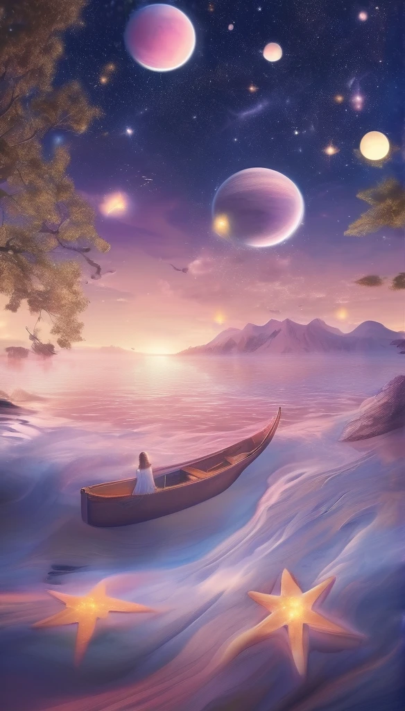 a woman dreaming in a beautiful galaxy,soft and surreal colors,(best quality,4k,high-res:1.2),ultra-detailed,impressionistic style,star-filled night sky,dreamy atmosphere,gentle moonlight,cosmic patterns,peaceful ambiance,subtle transitions,sublime beauty,dreamlike surroundings,quiet serenity,sleeping peacefully in her cozy bed,tranquil and otherworldly scenery,sublime celestial backdrop,serene and ethereal,subconscious journey,cosmic inspiration,vibrant and captivating colors,dreamlike abstraction,magical and mesmerizing vision,deep sense of wonder and awe,lucid dreams,galactic dreamscape,relaxing and introspective experience,luminous stars shining brightly,blissful state of mind,soothing and calming environment,whispers of the universe,mysterious and enchanting,just drifting away.