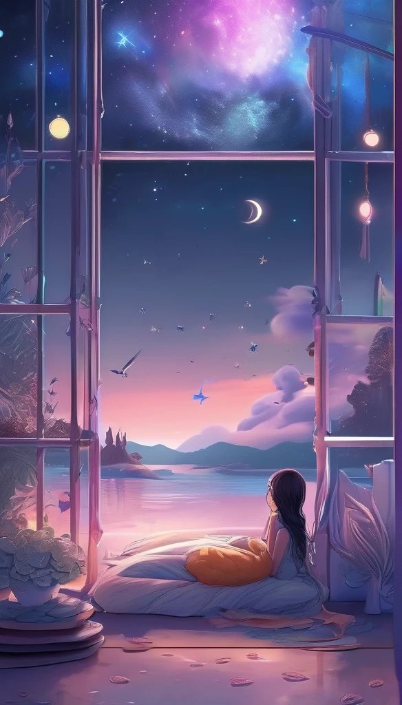 a woman dreaming in a beautiful galaxy,soft and surreal colors,(best quality,4k,high-res:1.2),ultra-detailed,impressionistic style,star-filled night sky,dreamy atmosphere,gentle moonlight,cosmic patterns,peaceful ambiance,subtle transitions,sublime beauty,dreamlike surroundings,quiet serenity,sleeping peacefully in her cozy bed,tranquil and otherworldly scenery,sublime celestial backdrop,serene and ethereal,subconscious journey,cosmic inspiration,vibrant and captivating colors,dreamlike abstraction,magical and mesmerizing vision,deep sense of wonder and awe,lucid dreams,galactic dreamscape,relaxing and introspective experience,luminous stars shining brightly,blissful state of mind,soothing and calming environment,whispers of the universe,mysterious and enchanting,just drifting away.