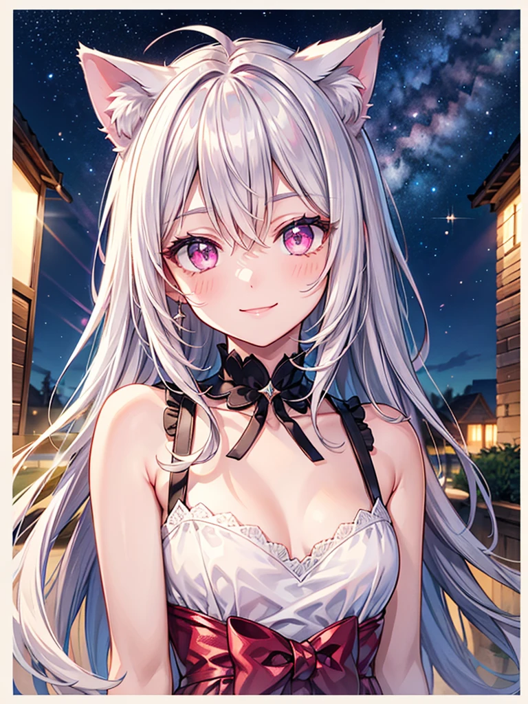 Highly detailed face,fine grain,Sparkling eyes,Highlighted eyes,Medium chest,pretty girl,smile,Cat ear,Beautiful silver hair,Pink inside,Beautiful pink eyes, dress, starry sky
