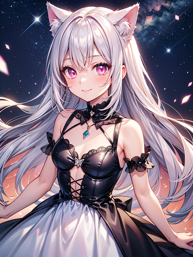 Highly detailed face,fine grain,Sparkling eyes,Highlighted eyes,Medium chest,pretty girl,smile,Cat ear,Beautiful silver hair,Pink inside,Beautiful pink eyes, dress, starry sky
