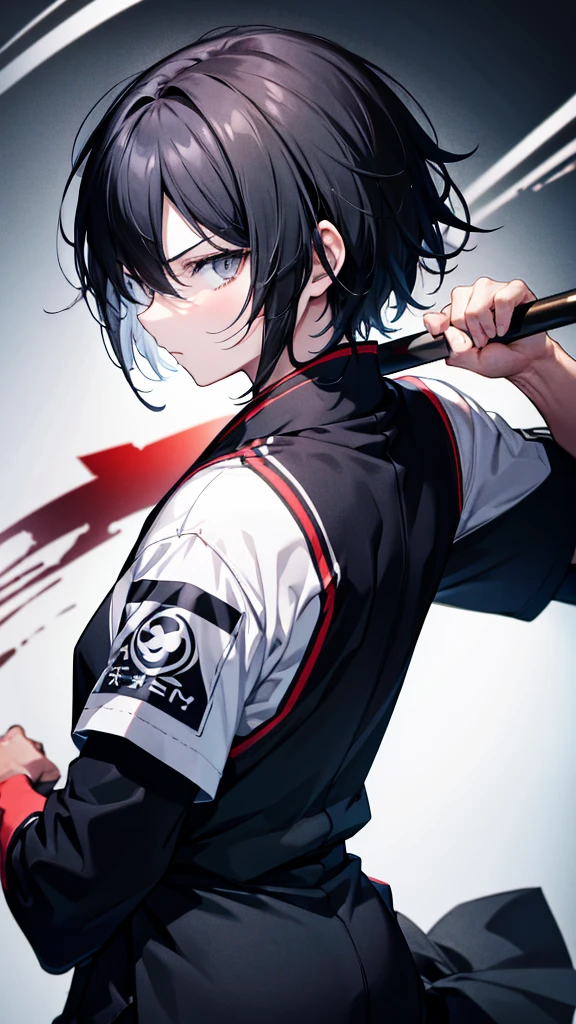 profile background, anime boy, serious face, black hair, grey eyes, martial arts clothing, high-res portrait, detailed eyes and face, character, fantasy, advanced urban, looking from behind at viewer, 4K, high resolution