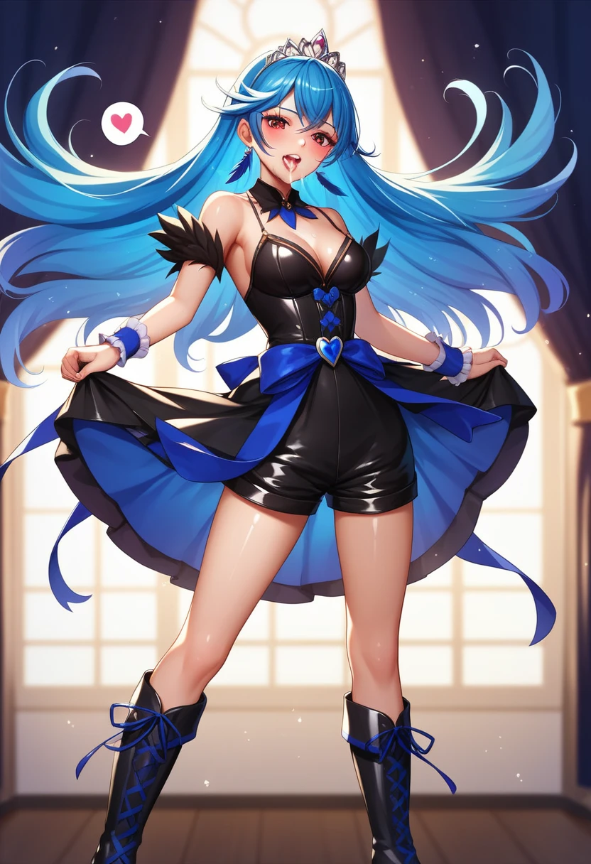 highest quality, Super detailed, masterpiece, アニメ, One Girl, alone, Cure Sky,Blue Hair,Long Hair, Feather hair ornament, skirt. tiara, Wrist cuff, (Black shorts), Black shorts under skirt, boots, (Shiny fabric), Cowboy Shot, Black Gemstones, Are standing, blush, (Beautiful fine details), Highly detailed face, Perfect lighting, Highly detailed CG, (Perfect hands, Perfect Anatomy), Shiny material, Blue ribbon, jewelry, Latex gloss,Red Eye,dark aura,Straight hair,Blackwing,Black Dress,Long skirt,His hands are tied above his head,spoken heart,heart,nsfw,vaginale,Sex,cum in pussy ,On the bed、Inside the room