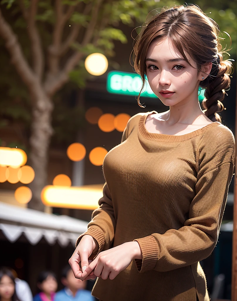 最high quality, Photorealistic, 8K, High resolution, girl, woman, (Skin dents), (Big Breasts), (Professional Lighting, Bokeh), (street), (people々, crowd: 0.6), market, (night: 1.2), (brown: 2.0), (blouse: 1.5), (Portraiture: 0.6), nice, bloom, (Floating Hair), Braided hair,in the snowy forest, 日本のgirl, Winter knit sweater, it&#39;s snowing, The pupils shine, brownのショートヘア, Large Breasts, リアルなPortraiture, depth of field, f/1.8, Anatomically correct, Textured skin, Super detailed, Attention to detail, high quality, Super detailed, Attention to detail, high quality, 最high quality, High resolution