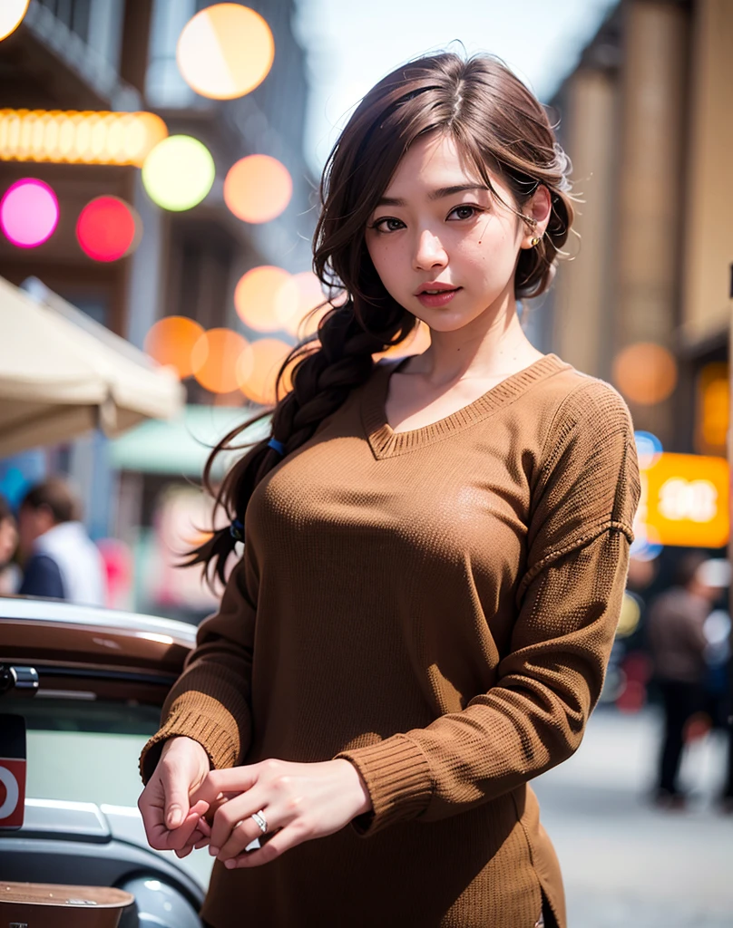 最high quality, Photorealistic, 8K, High resolution, girl, woman, (Skin dents), (Big Breasts), (Professional Lighting, Bokeh), (street), (people々, crowd: 0.6), market, (night: 1.2), (brown: 2.0), (blouse: 1.5), (Portraiture: 0.6), nice, bloom, (Floating Hair), Braided hair,in the snowy forest, 日本のgirl, Winter knit sweater, it's snowing, The pupils shine, brownのショートヘア, Large Breasts, リアルなPortraiture, depth of field, f/1.8, Anatomically correct, Textured skin, Super detailed, Attention to detail, high quality, Super detailed, Attention to detail, high quality, 最high quality, High resolution