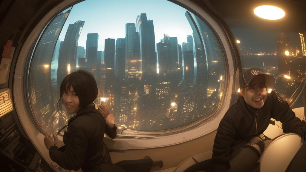 ((カラフルな原宿Windのポップな衣装を着たサイバーパンクガール2人)), ((((Fisheye Lens)))), Cowboy Shot, Wind, Messy Hair, ((Cyberpunk 2077 Cityscape)), (Cyberpunk aesthetics and atmosphere:1.3), Bright colors, smile, ((Cinema Lighting))