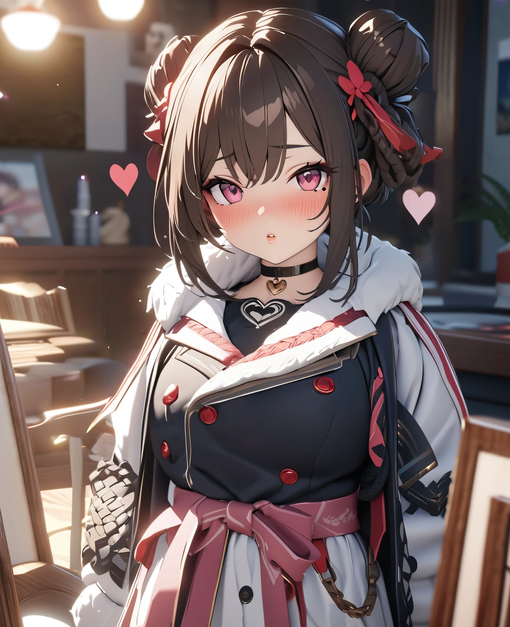 masterpiece, best quality, highly detailed, high resolution, expensive resolution, high resolution, 4K, 8k, uniform 8k wallpaper, highly detailed CG, masterpiece, 2D, 3D, beautiful details, depth, fine texture, best quality: 1.3, perfectly focused, crispy. skin, him, very cute anime girl, Her name is Mei, idol, brown double hair buns wearing expensive, mole under eye, looking at the viewer, cowboy short, expensive, blush, mole, plump lips, heart, pink eyes, heart shaped choker