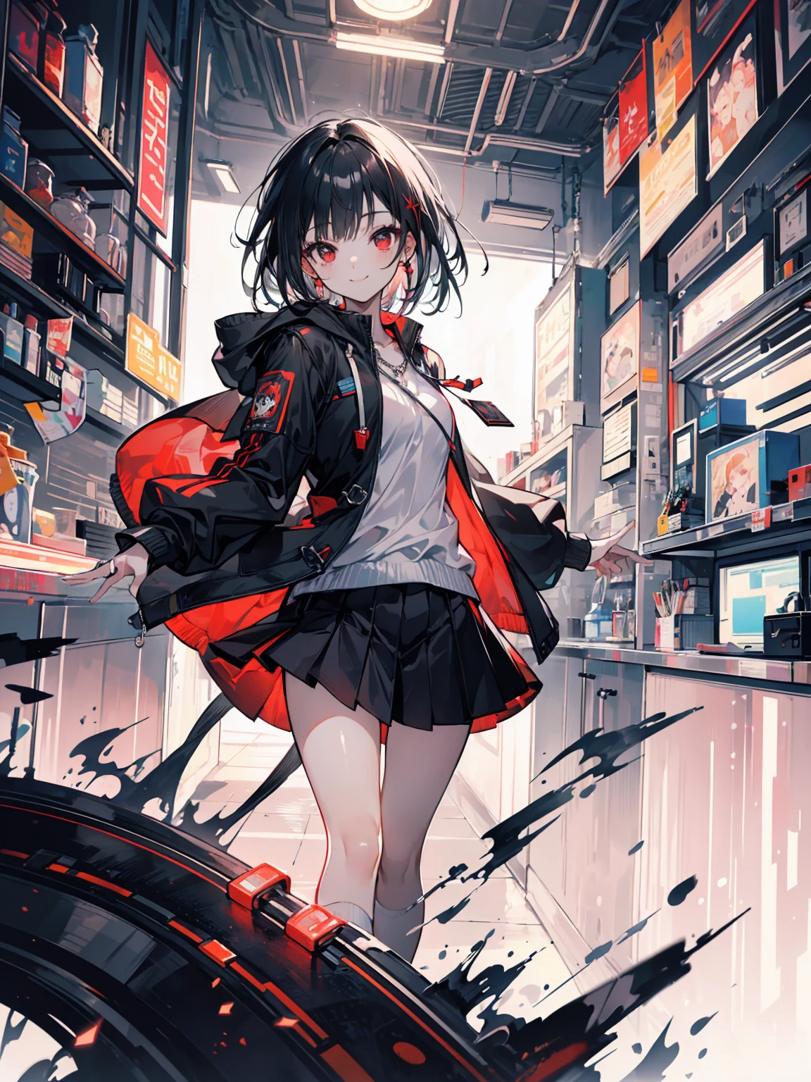 (masterpiece, highest quality, highest quality, (No text), Beautiful and aesthetic:1.2),No text,アニメ、 BREAK,One Girl,Short black hair Red eyes cool smile Black Coat mini skirt whole body Night view