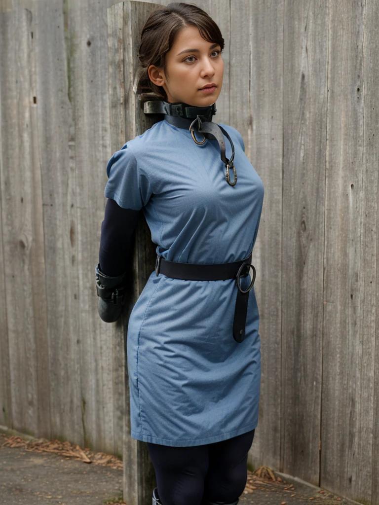 (masterpiece, best quality), intricate details,
1girl, phSaber,
(standing by wooden pole:1.2), iron collar, arms behind back, iron cuffs, shackles, bound,