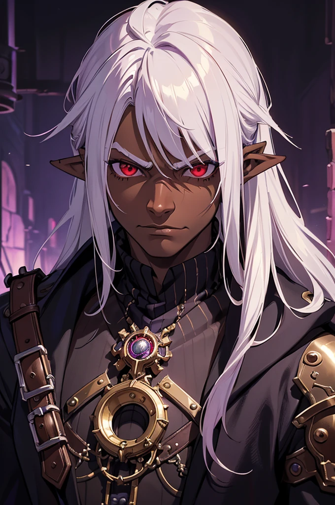 (best quality)), ((masterpiece)), (detailed), ((boy)), ((mix between dungeonpunk and steampunk)), (serious), dark skinned, human, upper body, portrait, red eyes, long white hair, Xemnas from Kingdom Hearts, half-drow, pointy ears, serious face, dramatic lighting, purple hue, art by Kinema Citrus and Tetsuya Nomura