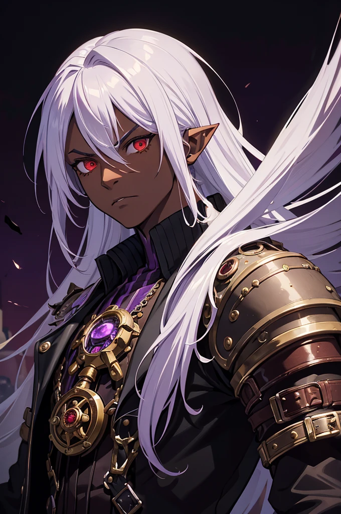 (best quality)), ((masterpiece)), (detailed), ((boy)), ((mix between dungeonpunk and steampunk)), (serious), dark skinned, human, upper body, portrait, red eyes, long white hair, Xemnas from Kingdom Hearts, half-drow, pointy ears, serious face, dramatic lighting, purple hue, art by Kinema Citrus and Tetsuya Nomura