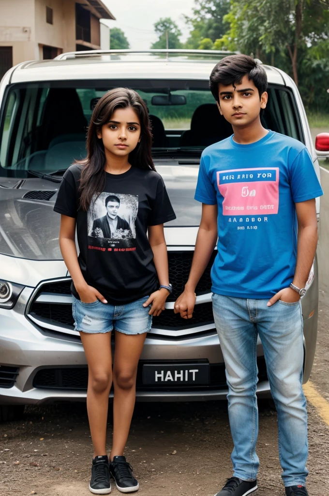 A boy and girl stand front of car
And girl' and boy t shirt with names vivek and sifat