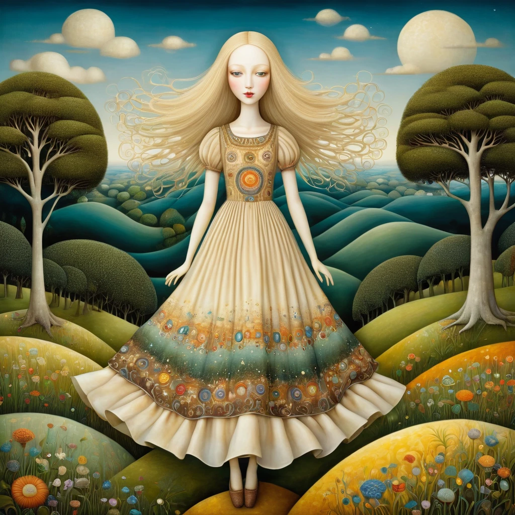 Patchwork by Klimt, Nicoletta Ceccoli, Naoto Hattori, Lawrence Didier, Leonora Carrington of European Woman, ash blond hair, light dress. is on the top of a gentle hill from which you can see the sea and forests of trees of many colors, she spreads her arms and lets the wind move her long hair. intricate patterns and details, photorealistic 8k resolution, masterpiece quality, vivid and vibrant colors, dramatic lighting casting surreal shadows, fantastical and whimsical elements, magical realism ambiance, wide-angle perspective creating optical illusions.
