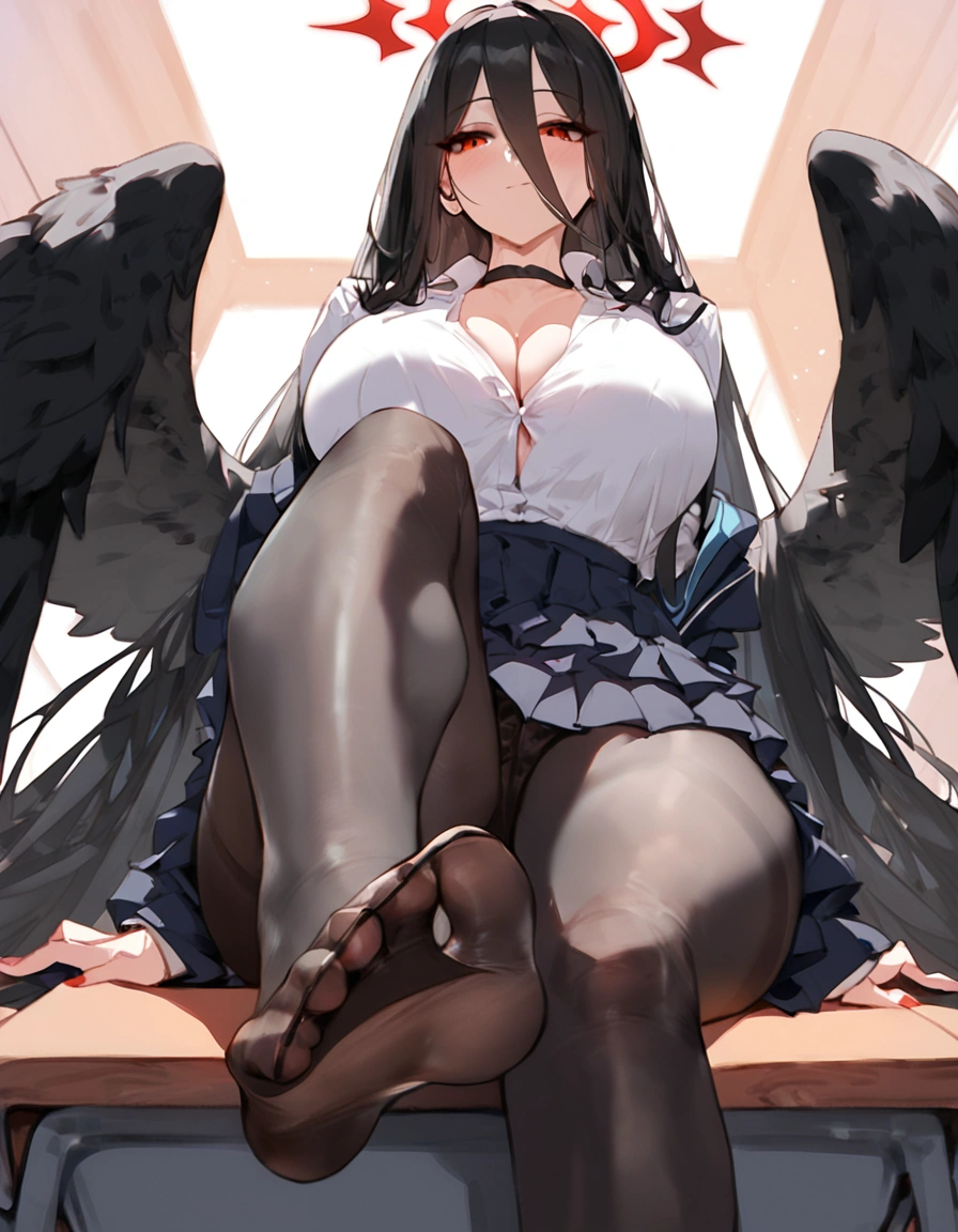 score_9, score_8_up, score_7_up, score_6_up, 1girl, breasts, at school, sit on desk, hasumi \(blue archive\), rhalo, black hair, long hair, hair between eyes, very long hair, , big breasts, she has  black wings, , alternate costume, school outfit,,,, ,pantyhose, below view ,,, detailed foots, foot focus,sit, foots to viewer,