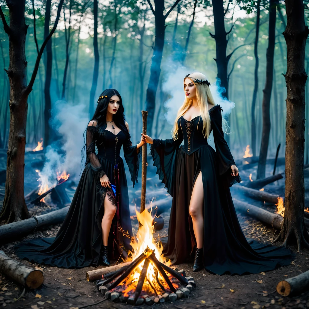 two woman - first gothic woman with long black hair, second blonde long hair, they are sexy witch do ritual in forest around fire in night, play witch color and magic atmosphere
