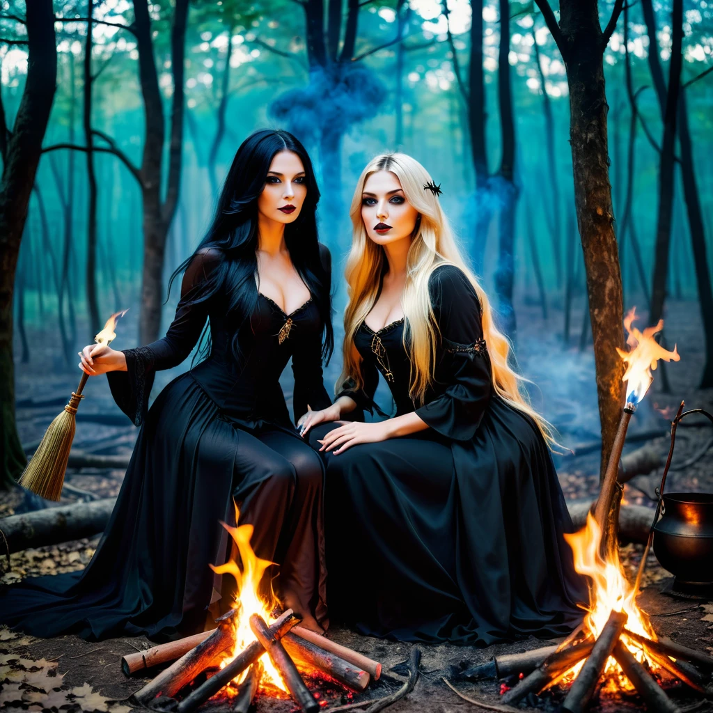 two woman - first gothic woman with long black hair, second blonde long hair, they are sexy witch do ritual in forest around fire in night, play witch color and magic atmosphere