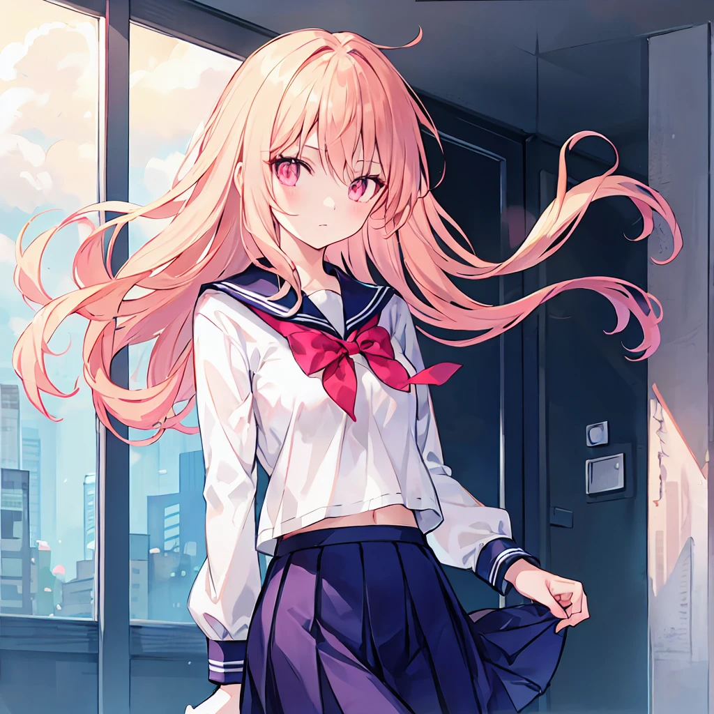 Apricot hair color,Pale pink eyes,apricot pink school top,Navy Straight Skirt,Kind girl