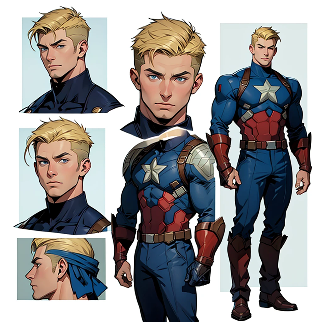 A model sheet with different face angles and haircuts of adult Captain America wearing a suit and having gauntlets with a short blonde quiff haircut and a shaved nape.