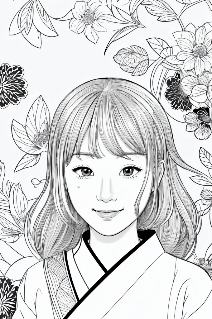 Create a realistic ukiyo-e illustration of a cute, smiling woman in a kimono that conveys Japanese culture in various poses with a Japanese garden in the background, using a simple monochrome coloring book that even children can do. The illustration is a illustration with detailed facial features and cartoon-style visuals, (high contrast, sketch, monochrome, clean line drawings for coloring book:1.5)