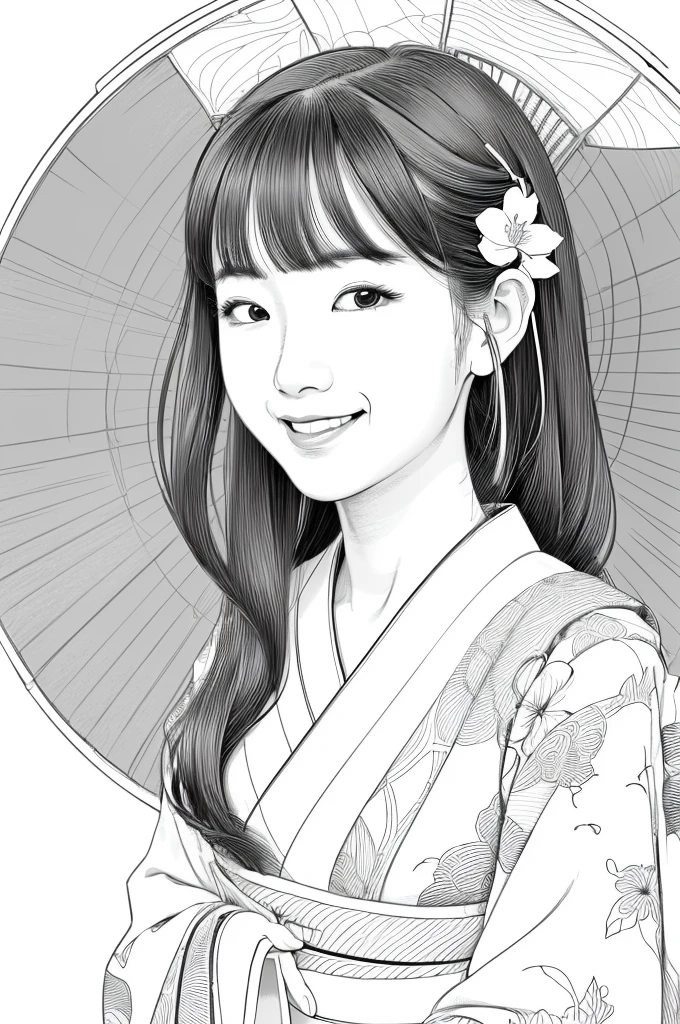 Create a realistic ukiyo-e illustration of a cute, smiling woman in a kimono that conveys Japanese culture in various poses with a Japanese garden in the background, using a simple monochrome coloring book that even children can do. The illustration is a illustration with detailed facial features and cartoon-style visuals, (high contrast, sketch, monochrome, clean line drawings for coloring book:1.5)