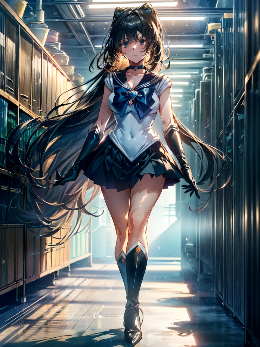 Perfect Anatomy,(8K, Highest quality, masterpiece:1.2),\(Beautiful Eyes\),\(Facial Features\),(\(Costume details Details\)\),(Big , Super Skirt,Sailor Moon Costume,(Face Focus) ,Very detailedな CG Unity 8K 壁紙,Large file size,Very detailed,High resolution,Absurd,Beautiful Eyes,Ray Tracing,Dramatic Shadows,Down to the last detail,elevation,Hyper Detail,(alone),Anime Style、Very long straight hair、Black Hair、Black sailor collar、Black Absolute Short Mini Scarbow Gloves、(In the research facility:1.4)
