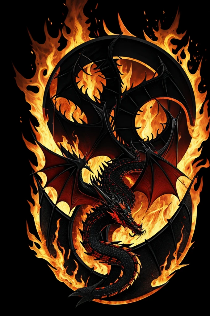 Shield of a powerful black dragon in flames with red eyes and golden claws