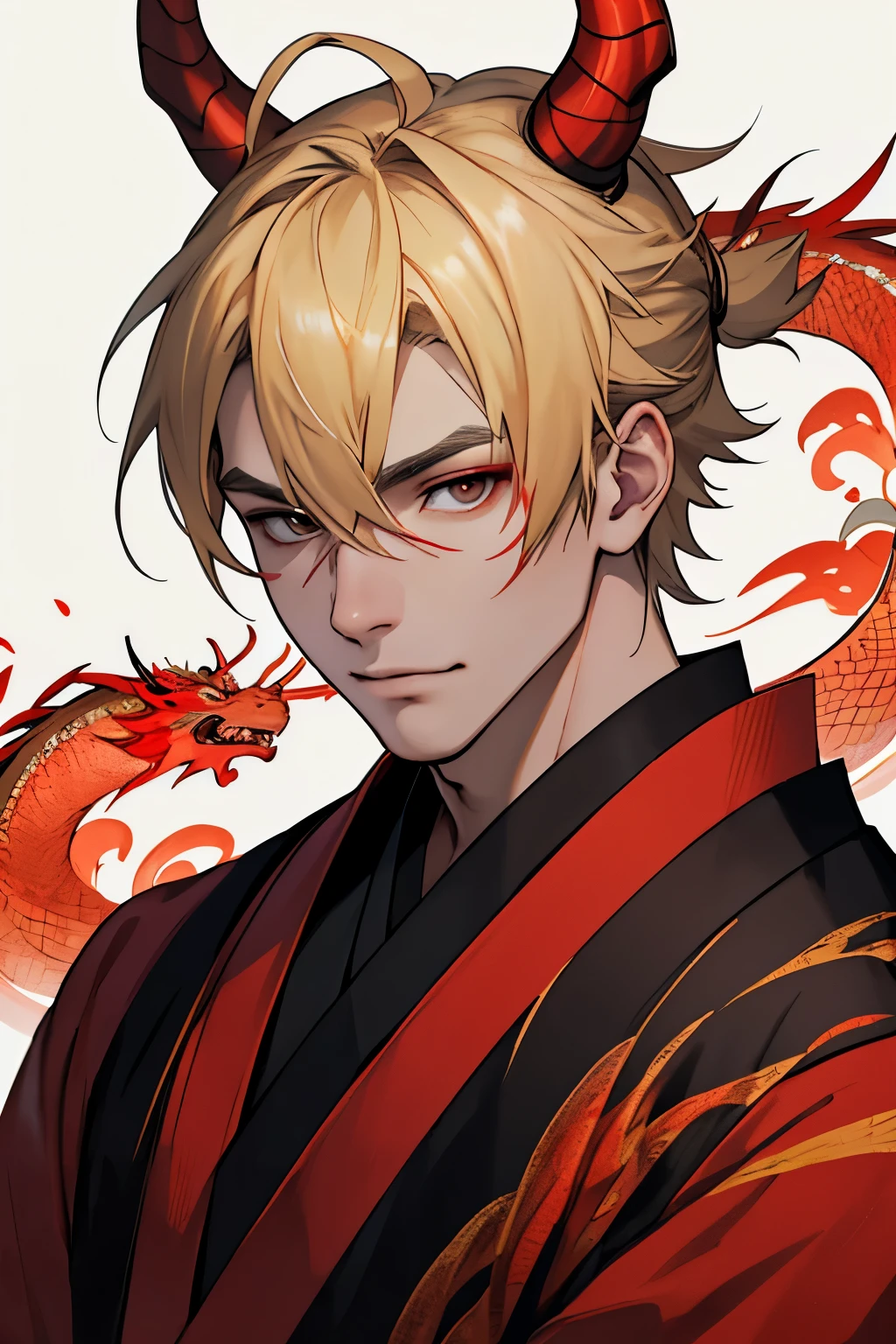 Draw the face of a young blond man, with red kimono,  with Chinese dragon makeup on her face, black photo background.