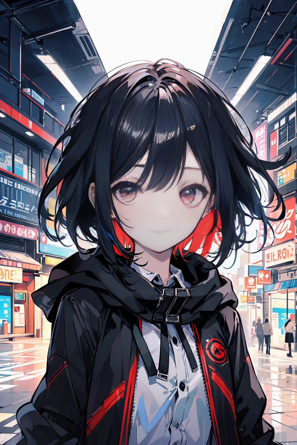 (masterpiece, highest quality, highest quality, (No text), Beautiful and aesthetic:1.2),No text,アニメ、 BREAK,One Girl，Short black hair　Red eyes　cool　smile　Black Coat　mini skirt　whole body　Night view