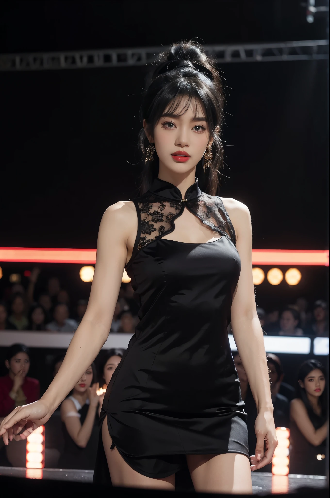 1 Nigerian girl,bangs,bare arms,collar,lace,see through,maxi cheongsam,detailed background,detailed eyes,(dark black skin:1.5),earrings,upper body,jewelry,slim,flat chest,ponytail,headdress,looking at viewer,makeup,night scene,red lips,signature,laughing,solo,standing,slender legs,pantyhose,high heels,On the T-stage,catwalk,fashion show,Surrounded by crowded crowds on both sides of the stage,neon lights,from front