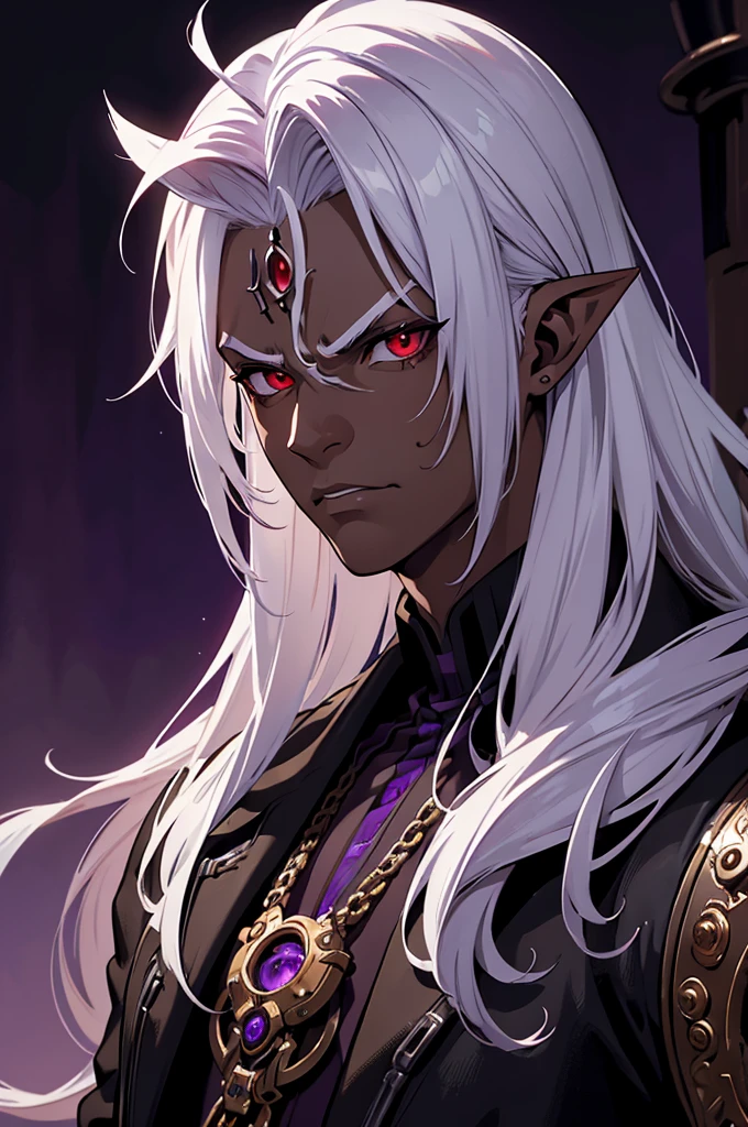 (best quality)), ((masterpiece)), (detailed), ((boy)), ((mix between dungeonpunk and steampunk)), (serious), dark skinned, human, upper body, portrait, red eyes, long white hair, Xemnas from Kingdom Hearts, half-drow, pointy ears, serious face, dramatic lighting, purple hue, art by Kinema Citrus and Tetsuya Nomura
