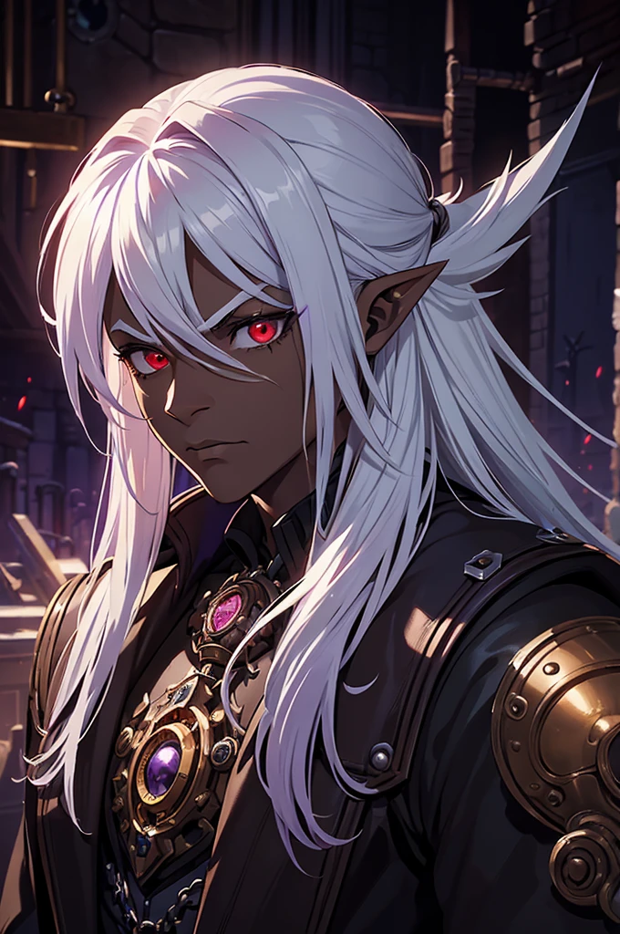 (best quality)), ((masterpiece)), (detailed), ((boy)), ((mix between dungeonpunk and steampunk)), (serious), dark skinned, human, upper body, portrait, red eyes, long white hair, Xemnas from Kingdom Hearts, half-drow, pointy ears, serious face, dramatic lighting, purple hue, art by Kinema Citrus and Tetsuya Nomura