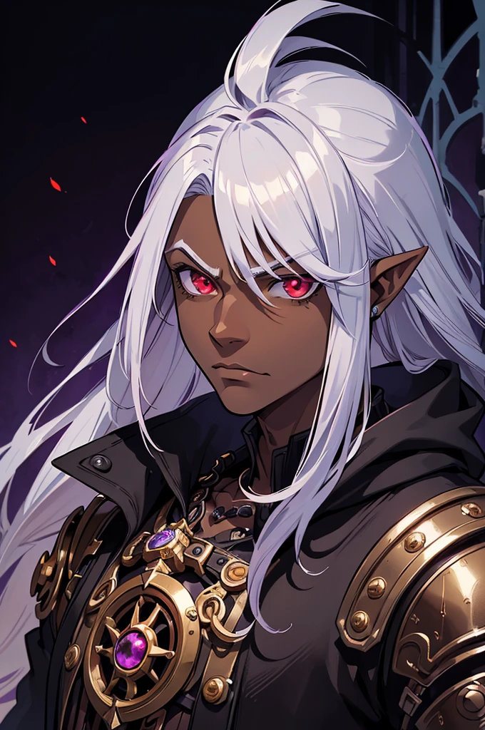 (best quality)), ((masterpiece)), (detailed), ((boy)), ((mix between dungeonpunk and steampunk)), (serious), dark skinned, human, upper body, portrait, red eyes, long white hair, Xemnas from Kingdom Hearts, half-drow, pointy ears, serious face, dramatic lighting, purple hue, art by Kinema Citrus and Tetsuya Nomura