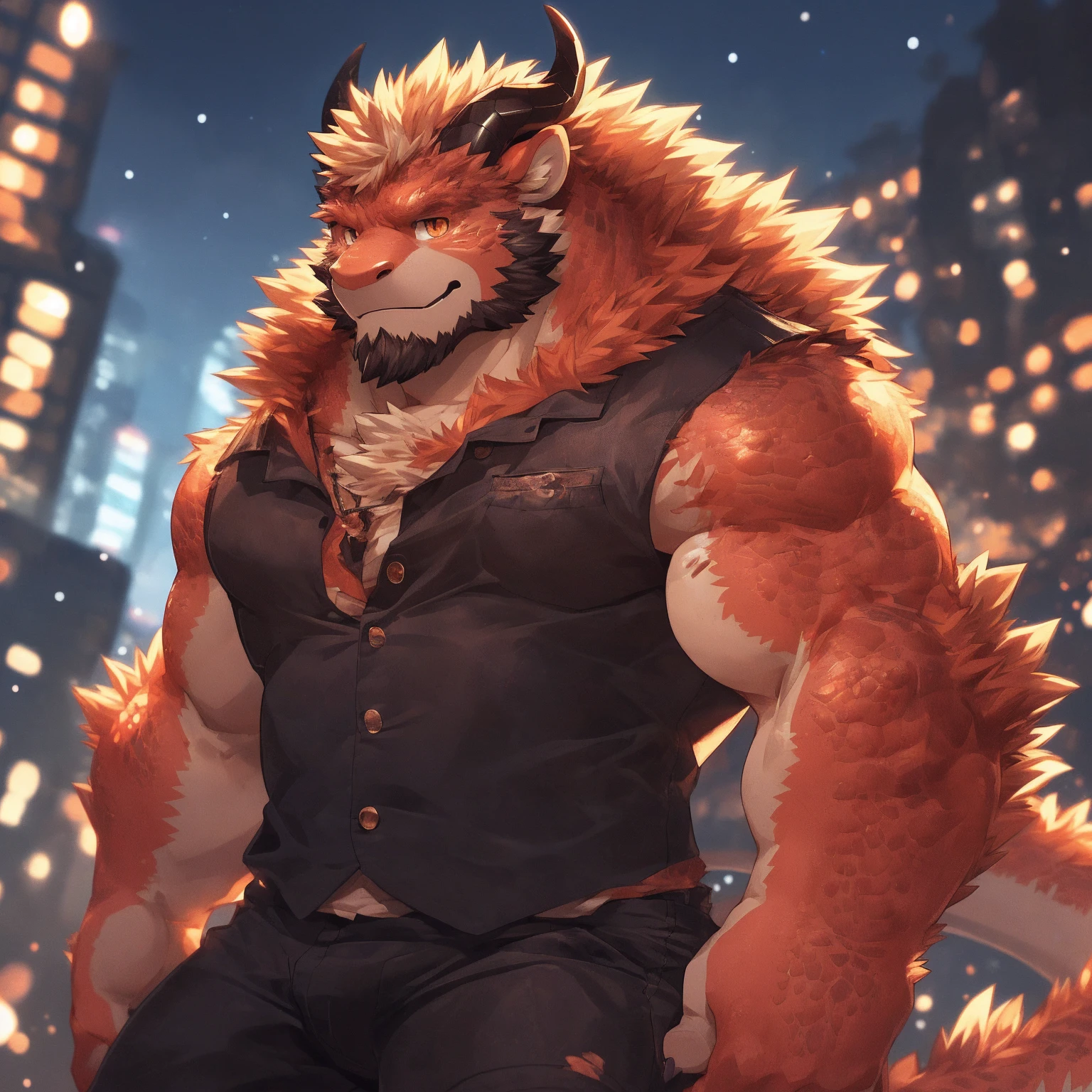 human nature, Beast Domain, male,18 years old， solitary, ((Round Face,With dragon horns， The face is plump,Orange eyes,Bright scales，With scars)), ((Endomorph, Handsome，Hot Blood)), (Sportswear，Clothes Damaged), ((domestic 龙, Cologne，) fluffy fur, Fluffy hair), Bokeh, (high quality, high resolution, masterpiece), (Dynamic Lighting, Vibrant colors), (Revitalize，Injuried，Disdain), Full body picture (close up), cartoon, author：Takemoto Arashi, From zixiong, By Chunni, author：Empty Ghost，（background：Snowy cities）