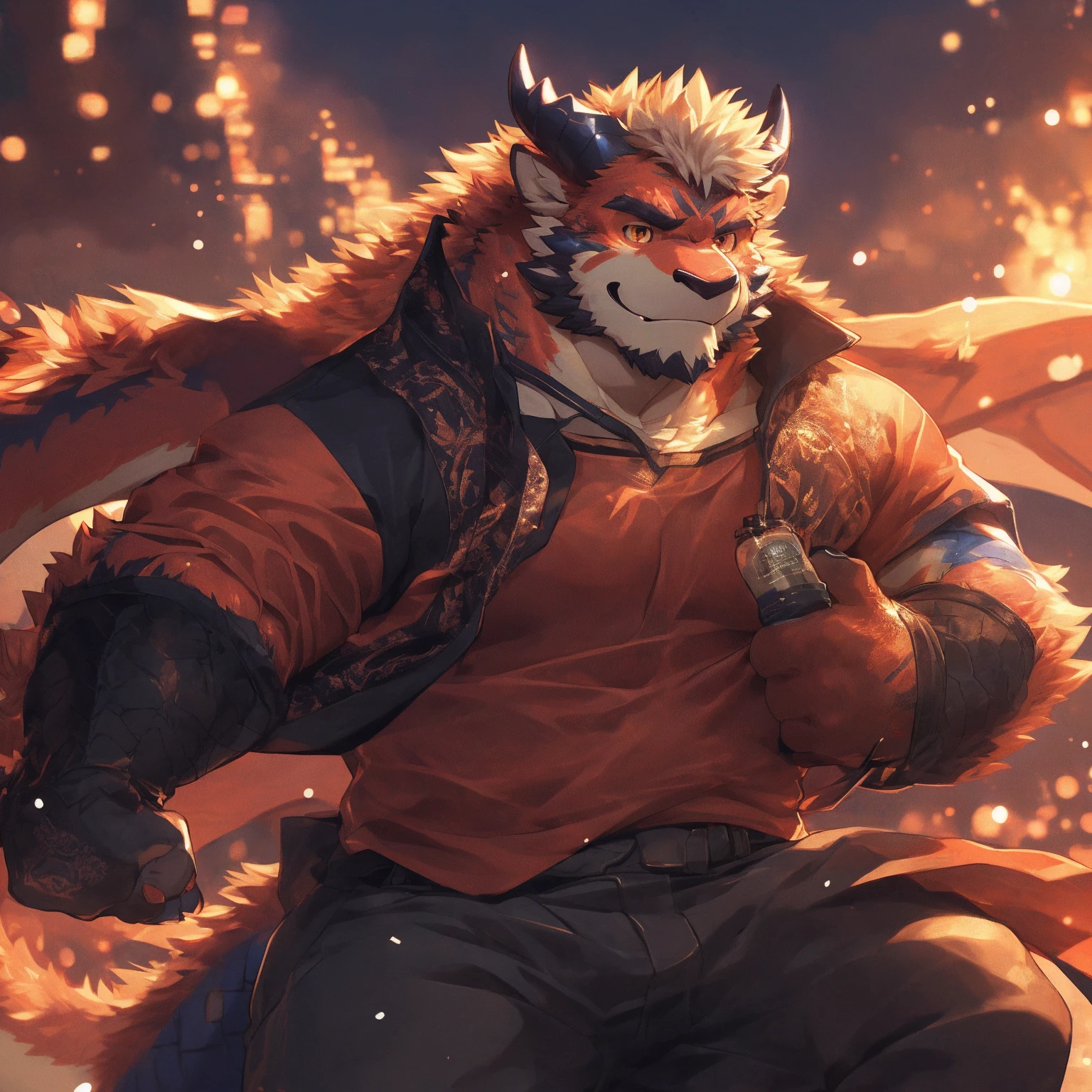 human nature, Beast Domain, male,18 years old, solitary, ((Round Face,With dragon horns, The face is plump,Orange eyes,Bright scales,With scars)), ((Endomorph, Handsome,Hot Blood)), (Sportswear,Clothes Damaged), ((domestic 龙, Cologne,) fluffy fur, Fluffy hair), Bokeh, (high quality, high resolution, masterpiece), (Dynamic Lighting, Vibrant colors), (Revitalize,Injuried,Disdain), Full body picture (close up), cartoon, author:Takemoto Arashi, From zixiong, By Chunni, author:Empty Ghost,(background:Snowy cities)