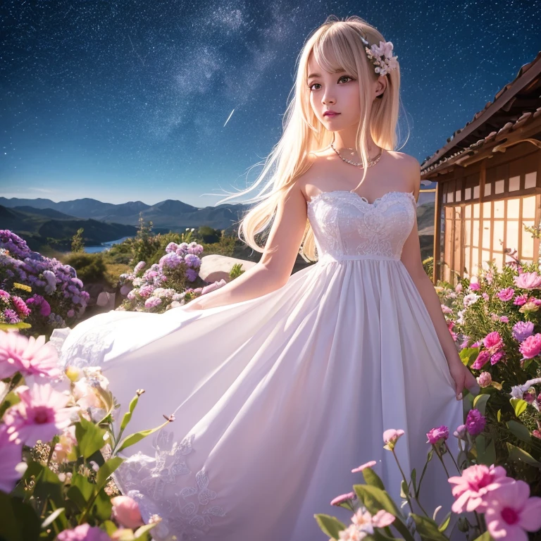 of the expensiveest quality, expensive_solve, clear_image, Detailed Background, girl, flower, garden, Starry Sky, Pixie Cut, Blonde