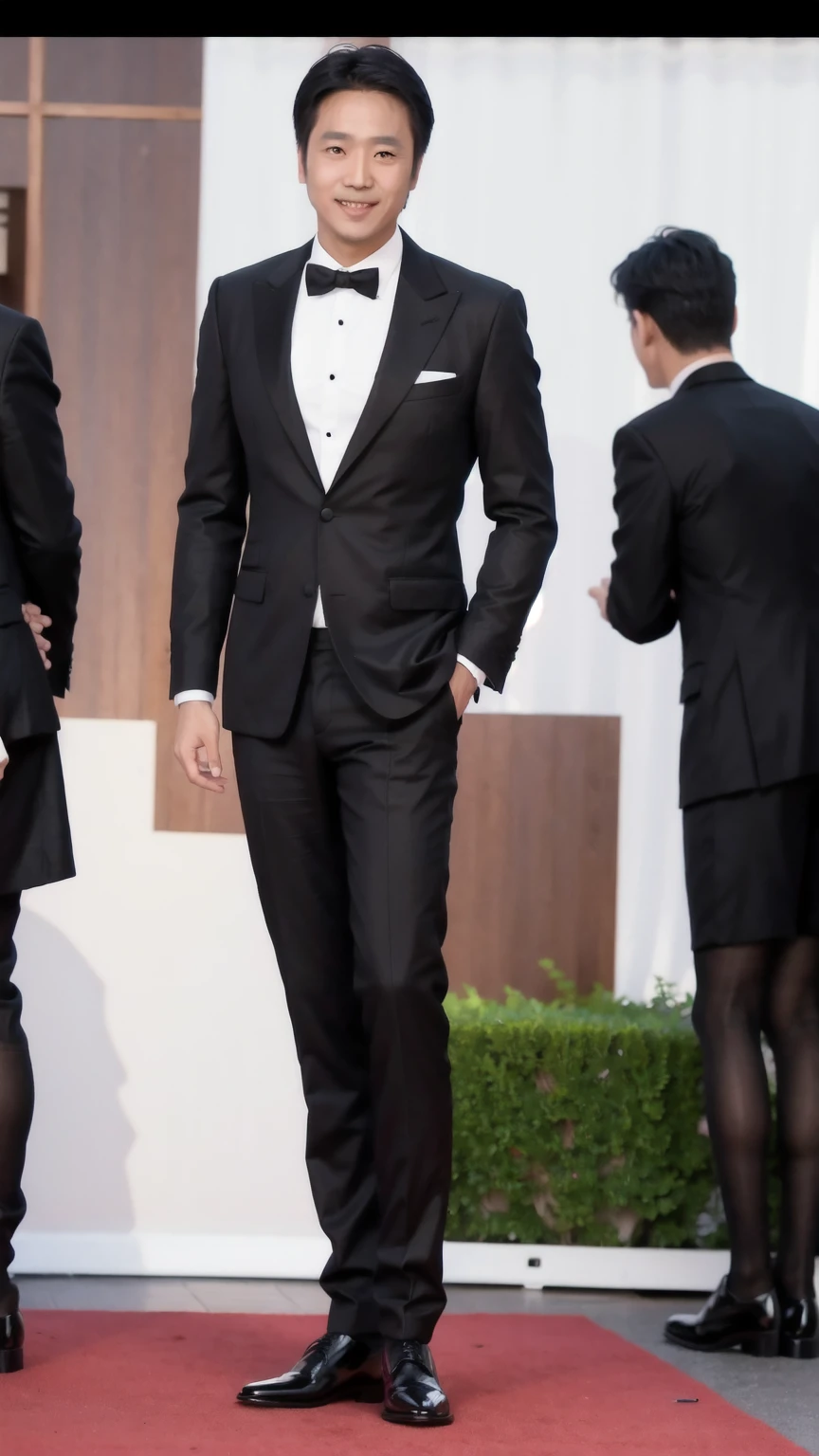 35-year-old man, Soft headlights,High-density imaging,((Slim face)),((Slender face)),((Black suit)),((White shirt)),((Various dynamic poses)),((Full body image)),((Smile)),((Background is white curtain)),best quality,masterpiece,(Soft colors:1.2)